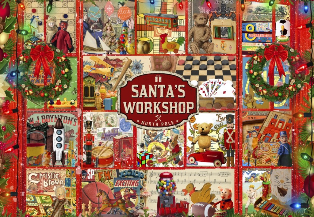 A collage of vintage toys and games arranged around a central Santa's Workshop emblem.