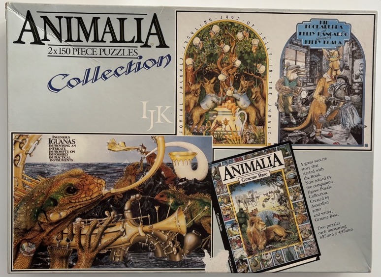 A collection of three whimsical anthropomorphic animal illustrations featuring jackals, a kangaroo, and iguanas.