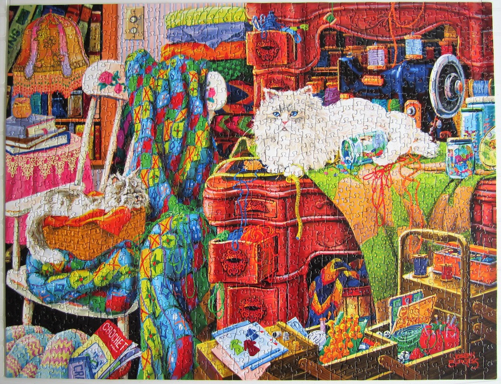 A vibrant illustration of a cozy craft room filled with fabric, yarn, sewing supplies, and two fluffy white cats.