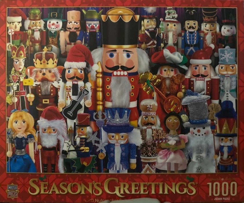 A collage of diverse, festive nutcracker figurines in various costumes and colors on a patterned red background.