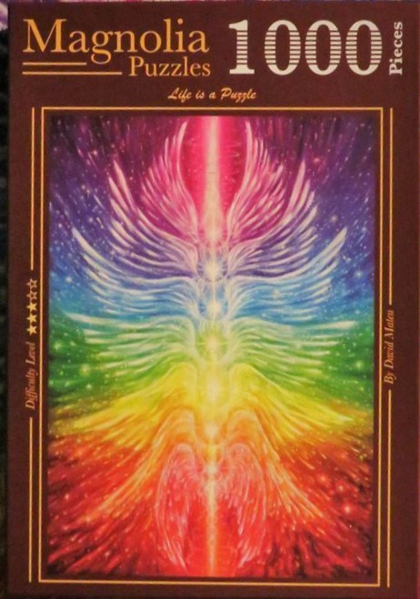 A vertical, rainbow-colored illustration of stacked, ethereal wings radiating light against a starry cosmos background.
