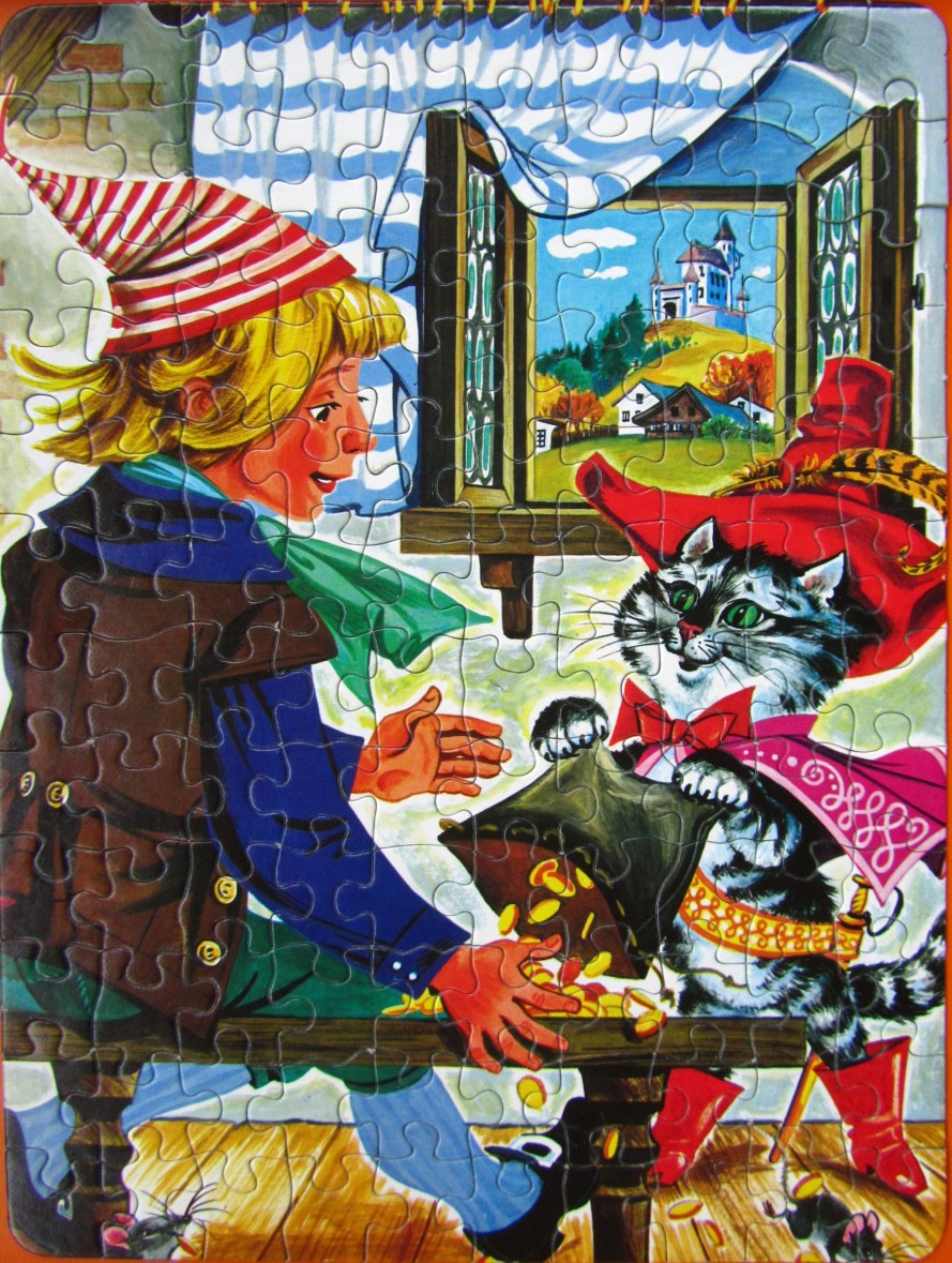 Illustration of a boy with a Puss in Boots character pouring gold coins onto a table