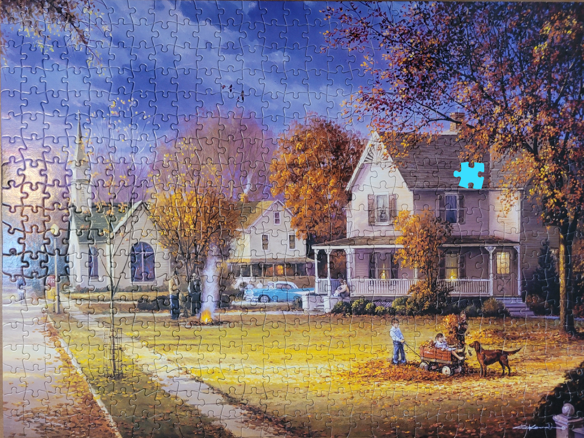 An autumn neighborhood scene featuring houses, a church, and children playing in a leaf-covered yard.