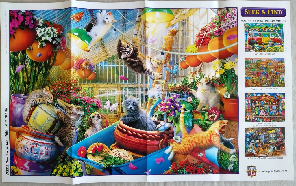 Kittens playing in a colorful, sunlit greenhouse with hanging flowers and potted plants.