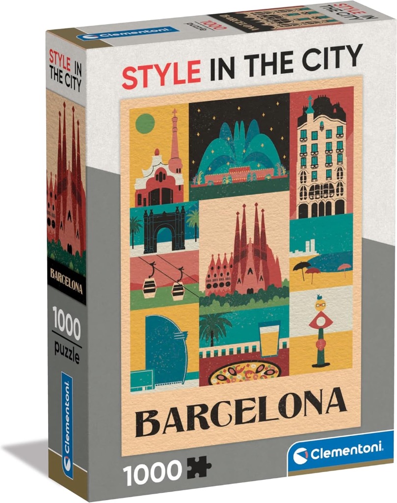 Collage of stylized Barcelona landmarks and scenes including the Sagrada Familia and city architecture.