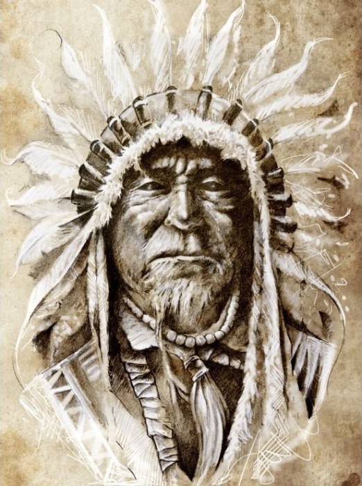 Portrait sketch of an Indigenous person wearing a traditional feathered headdress.