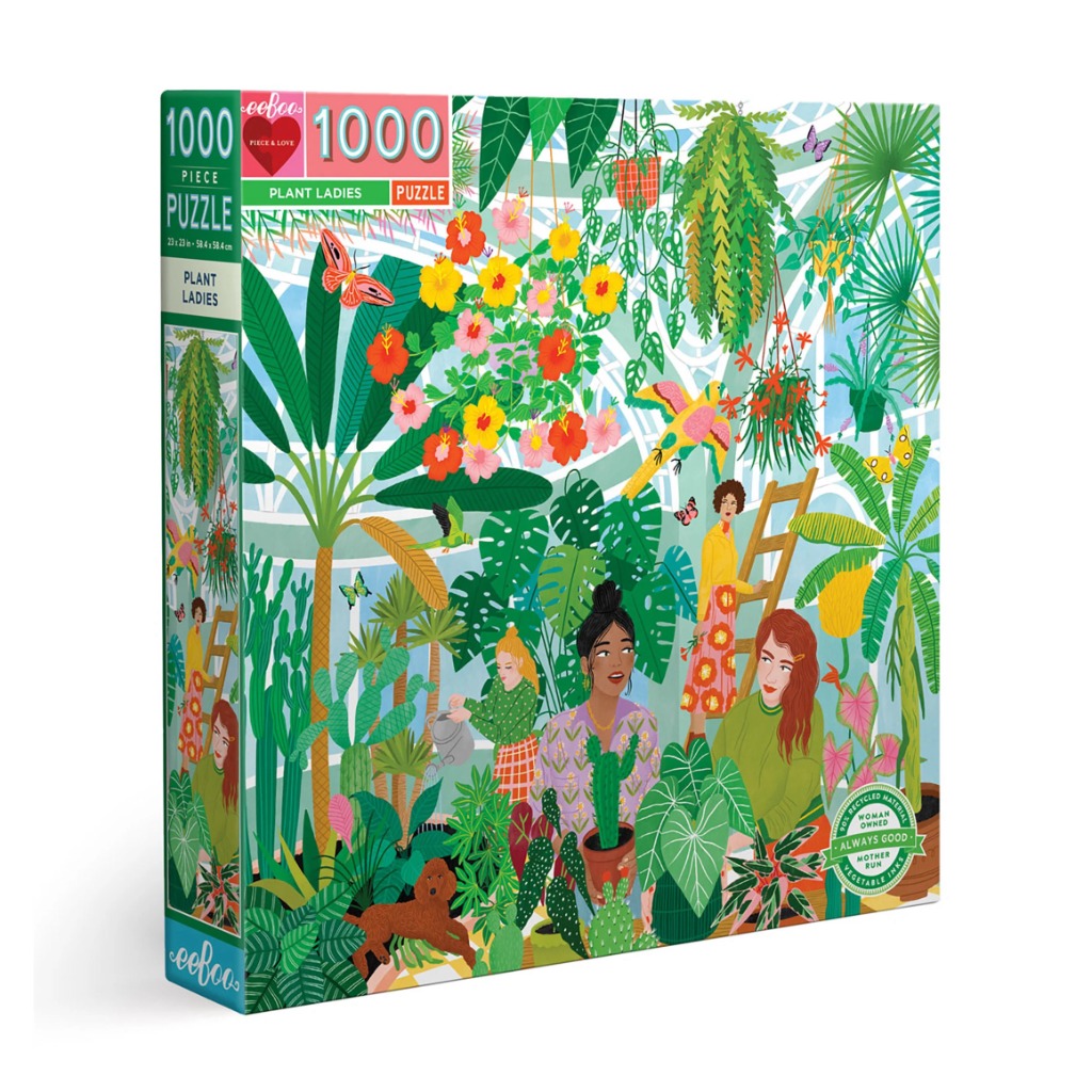 A vibrant illustration of women caring for plants inside a bright greenhouse, surrounded by tropical flora and butterflies.