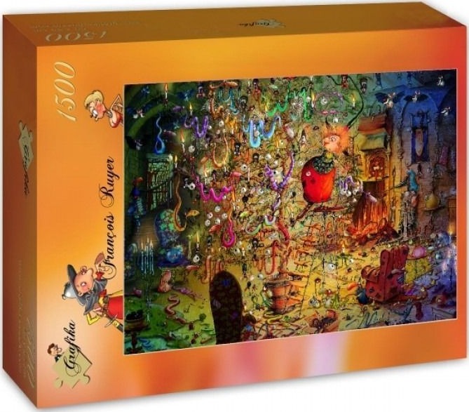 Whimsical illustration of a chaotic indoor scene filled with tangled decorations and playful figures