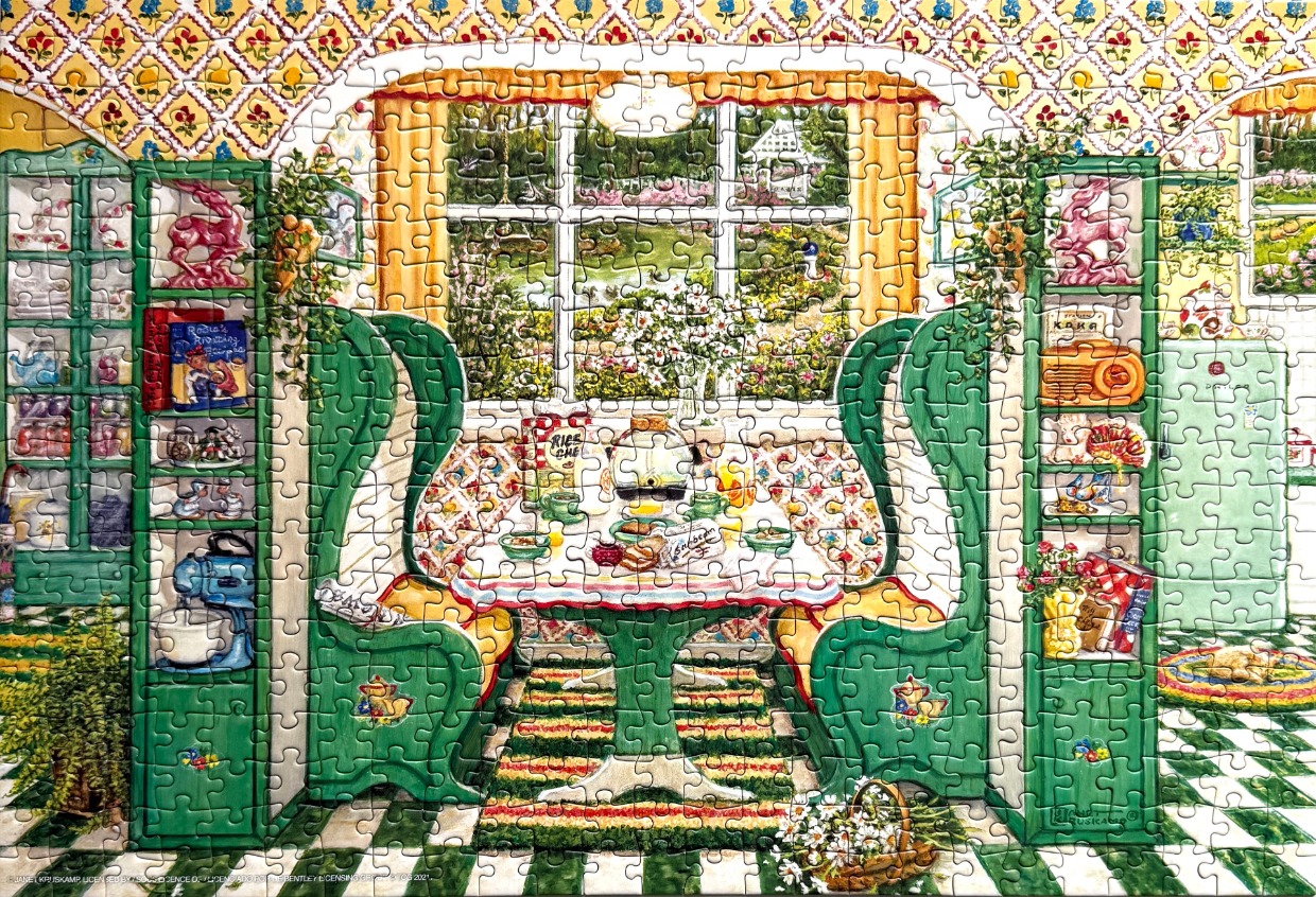 A detailed illustration of a cozy, vintage-style breakfast nook with green furniture and a garden view.
