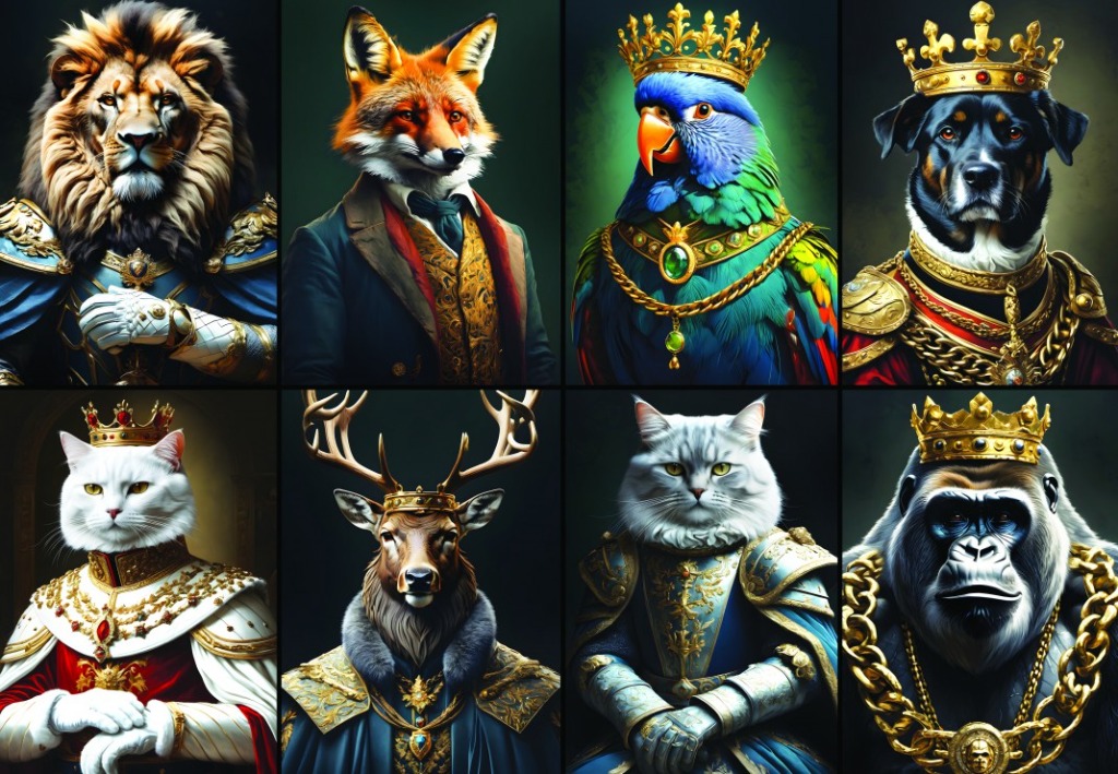 A grid of eight portraits depicting various animals dressed as royalty and nobility.