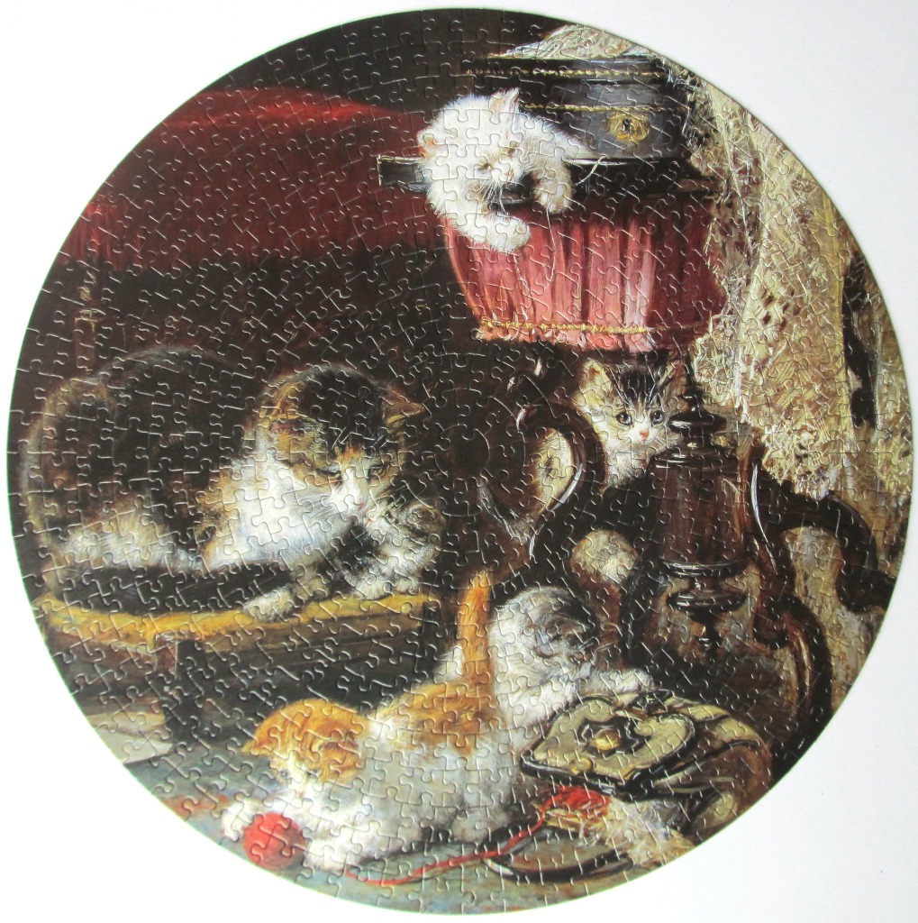 A vintage-style oil painting of kittens playing in a dimly lit, cozy room with antique furniture.