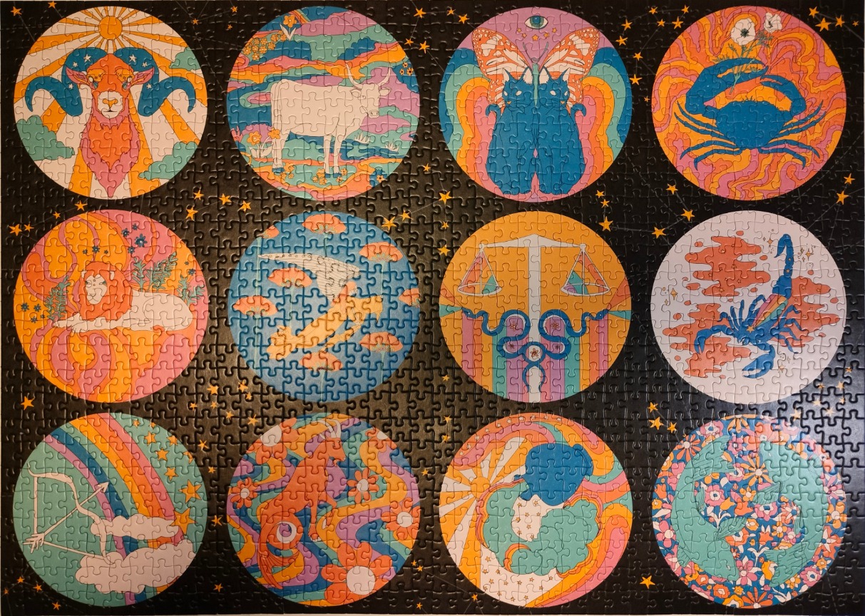 An illustration featuring 12 circular medallions representing the signs of the zodiac in a retro, psychedelic style.