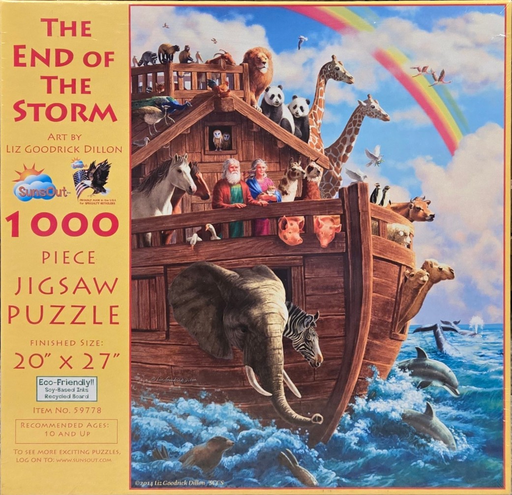 Illustration of Noah's Ark filled with diverse animals under a rainbow in a bright sky