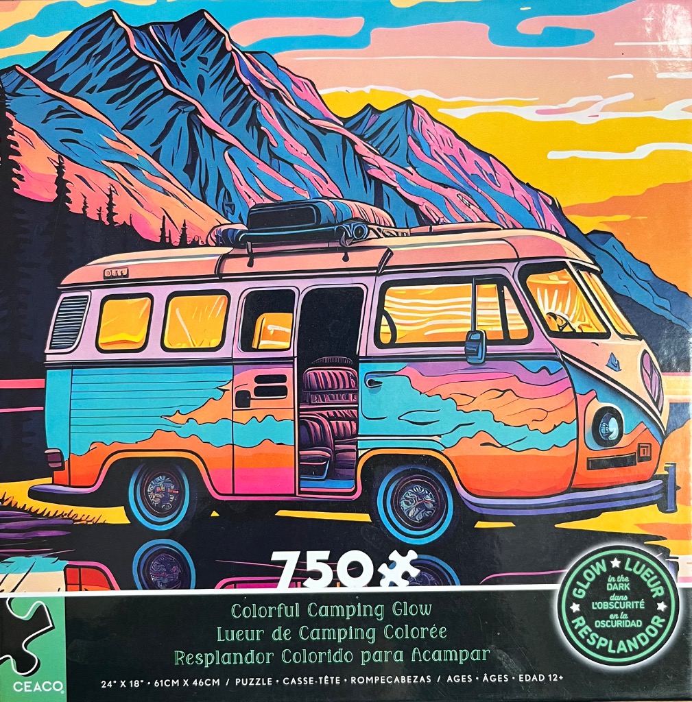 Stylized illustration of a vintage camper van parked in front of mountains at sunset in vibrant, neon colors.