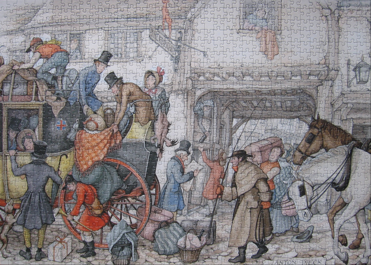 A whimsical 19th-century street scene with a stagecoach, horses, and figures in vintage attire.