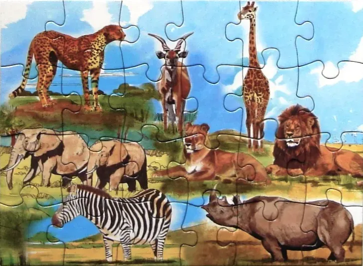 A collection of wild African savanna animals in a colorful illustration.