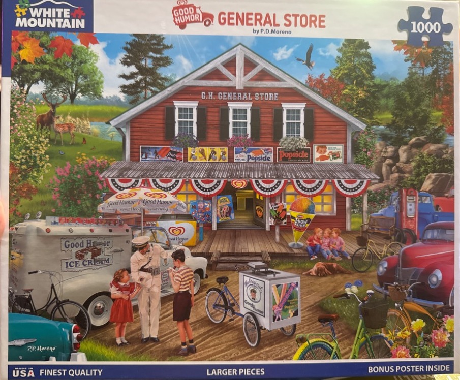 A nostalgic rural general store scene with an ice cream truck, vintage bicycles, and colorful autumn foliage.