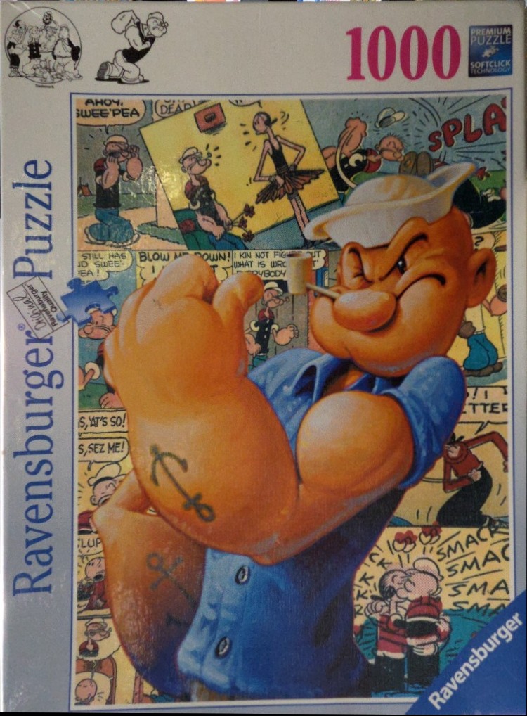 A collage of vintage Popeye the Sailor comic strip panels with a large, central illustration of Popeye.