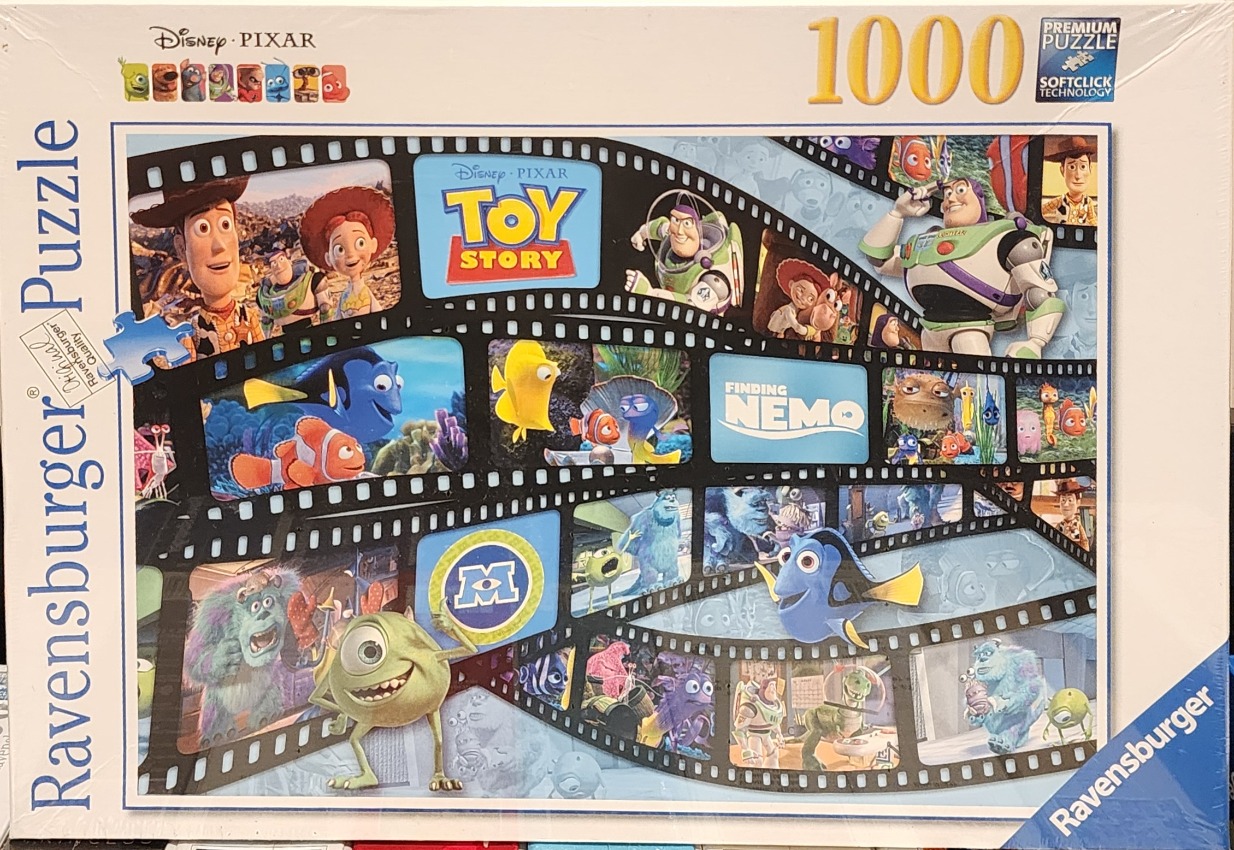 Collage of scenes from Toy Story, Finding Nemo, and Monsters Inc. framed within a black film strip.