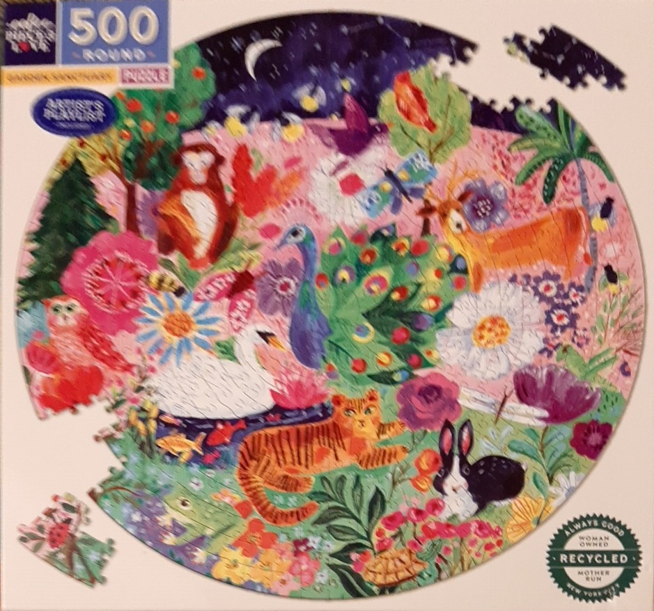 Whimsical circular garden scene featuring diverse animals, vibrant flowers, and a night sky.