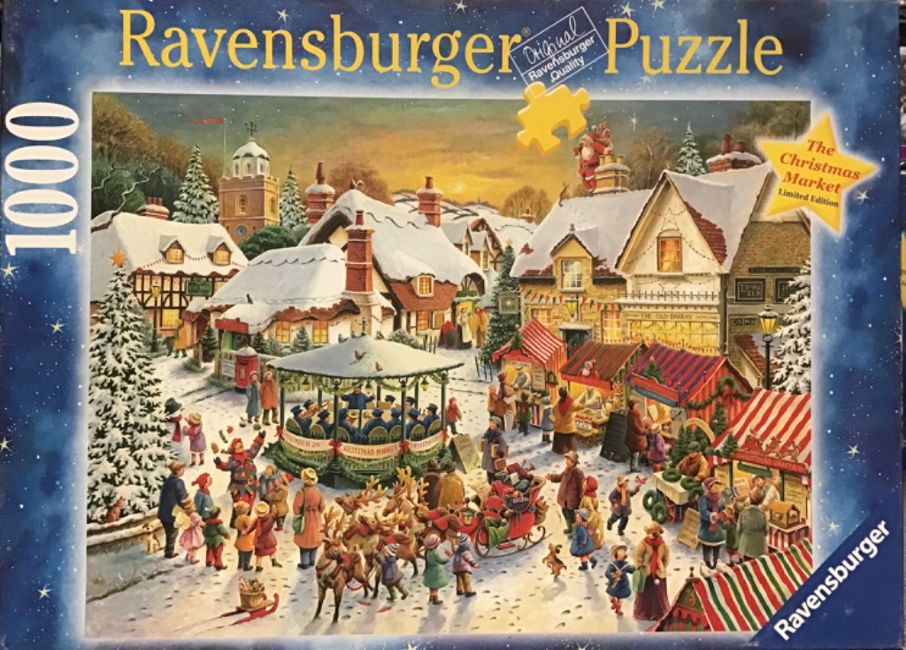 An illustration of a festive, snow-covered Christmas market in a quaint village with a bandstand and horse-drawn sleigh.