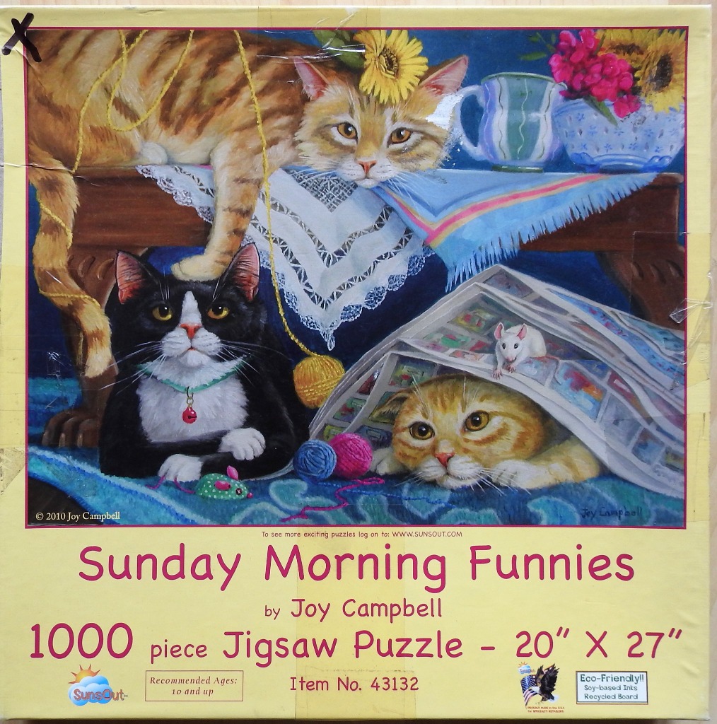 An illustration of three cats and a mouse playing in a cozy, sunlit room, with two cats hiding under a newspaper.