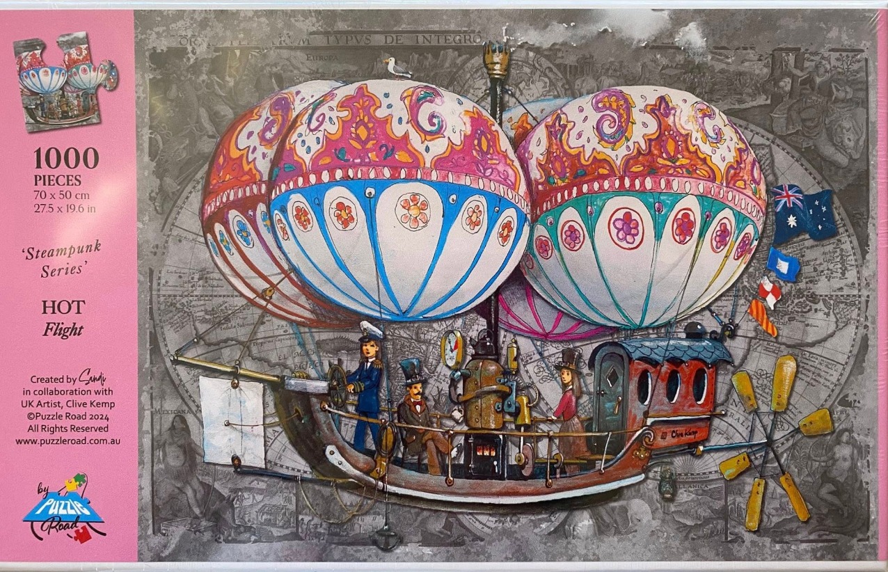 A whimsical steampunk flying vessel with colorful patterned hot air balloons floating over an antique map background.