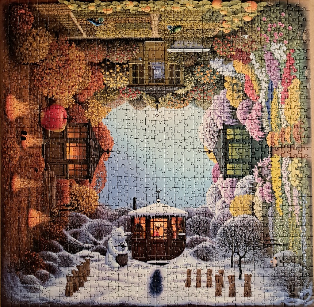 A fantasy illustration featuring a central gazebo transitioning through four seasons in a circular seasonal rotation.