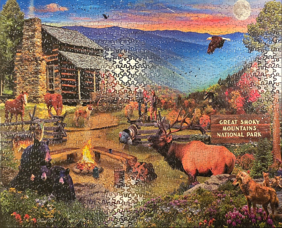 Rustic cabin scene in the Great Smoky Mountains featuring a campfire, elk, and various wildlife at sunset.