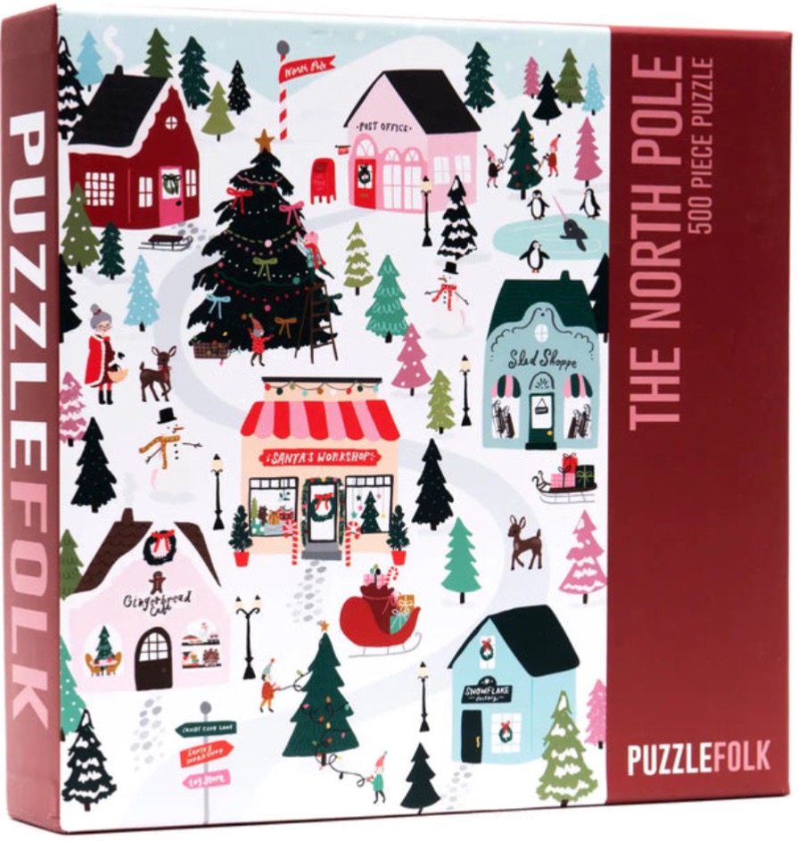 Whimsical Christmas village illustration at the North Pole with shops, a large tree, and festive characters.
