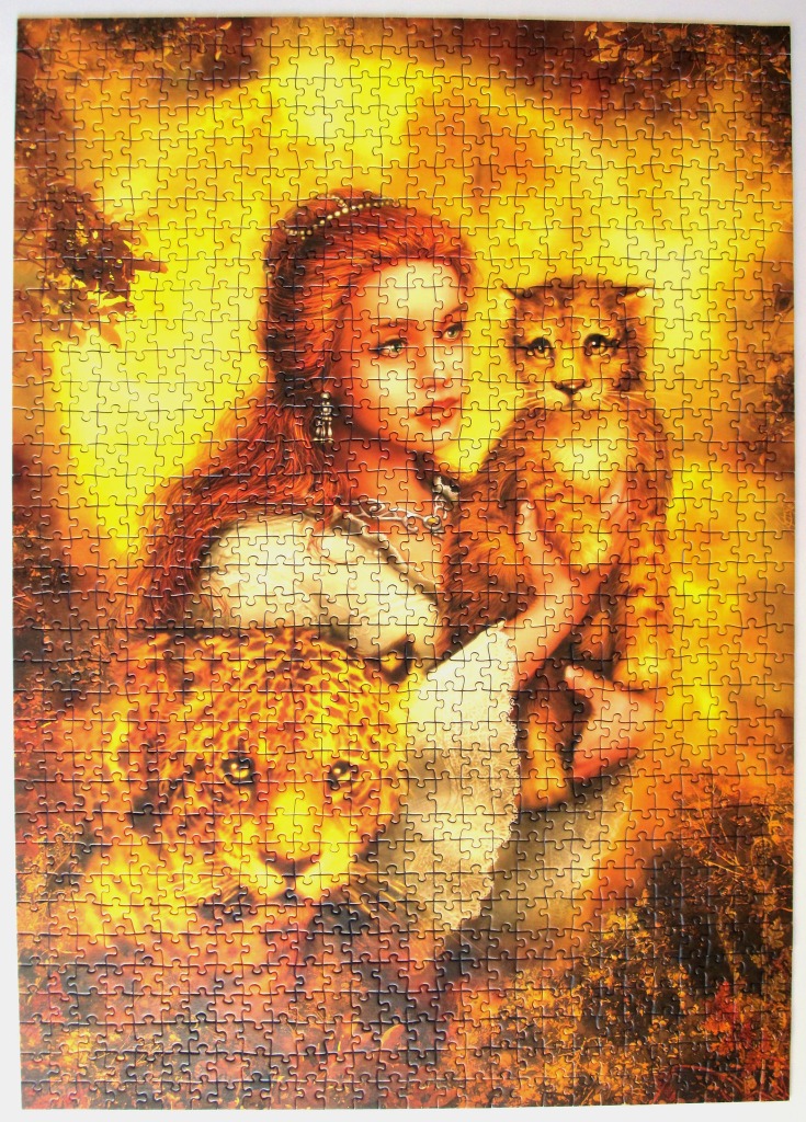 A fantasy illustration of a woman with red hair holding a small leopard cub with a larger leopard visible in the foreground.
