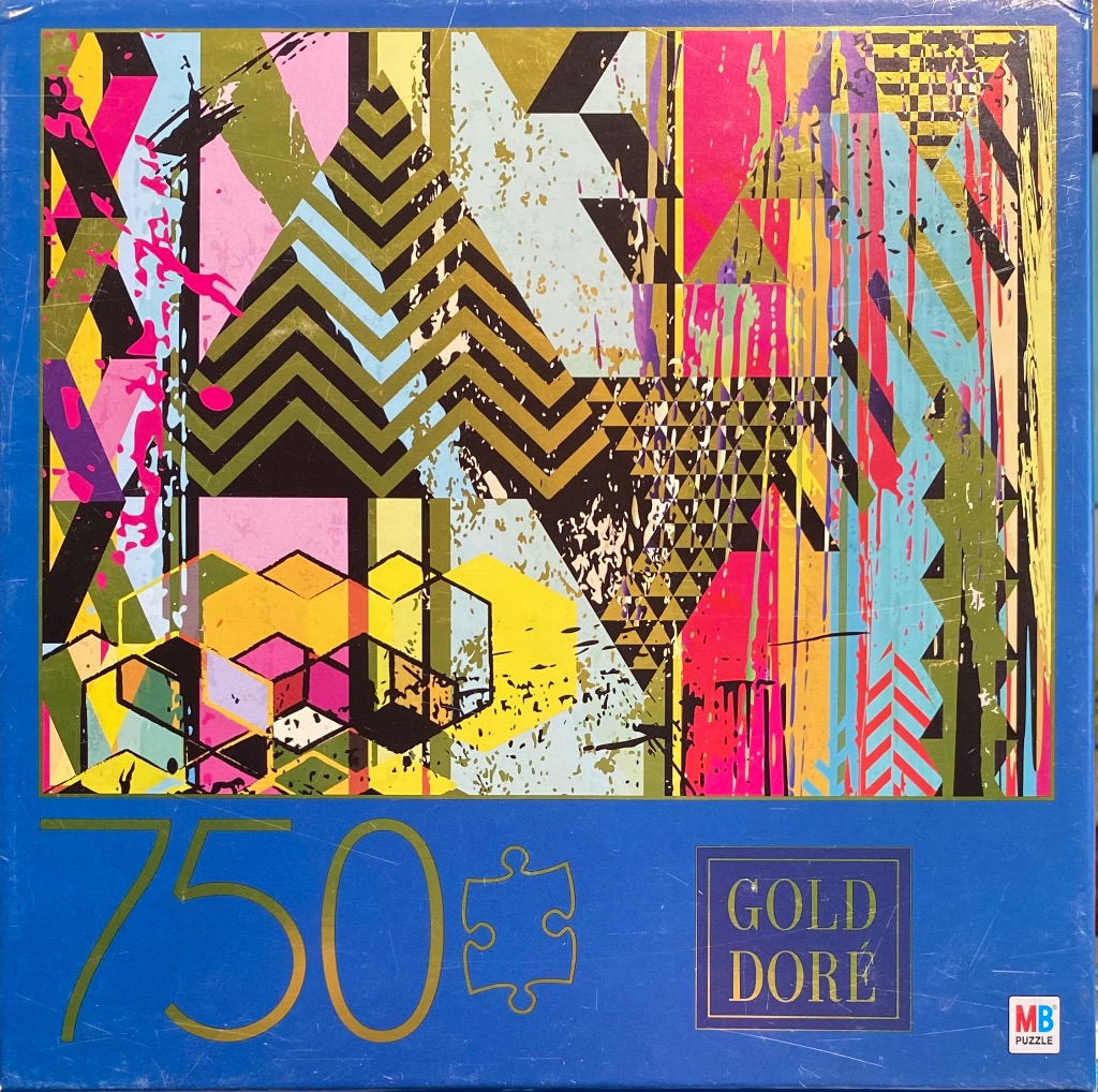 An abstract composition featuring geometric shapes, zig-zags, and vibrant paint splatters in gold, pink, blue, and black.