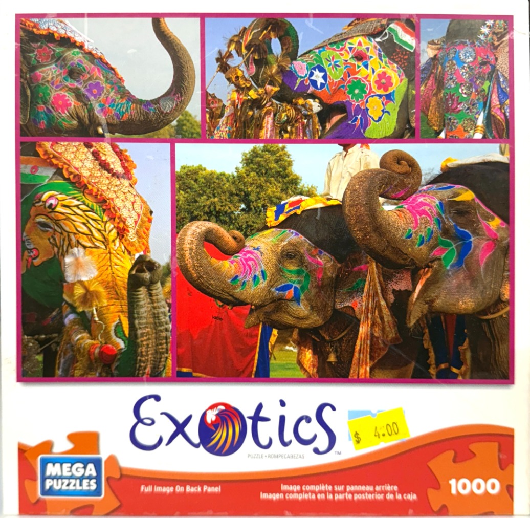 Collage of five close-up photographs showing decorated Indian festival elephants with colorful face and body paint.