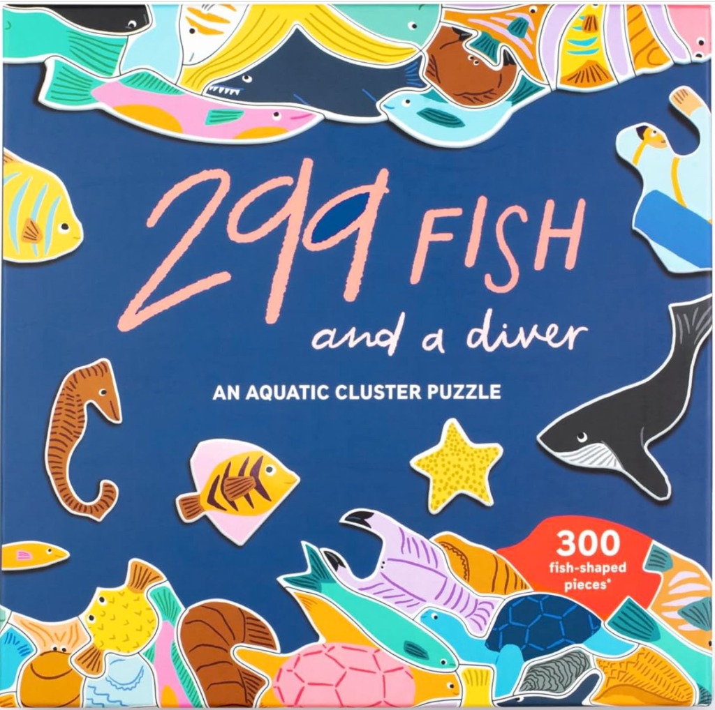 A whimsical illustration of various colorful marine animals clustered around a central dark blue background.