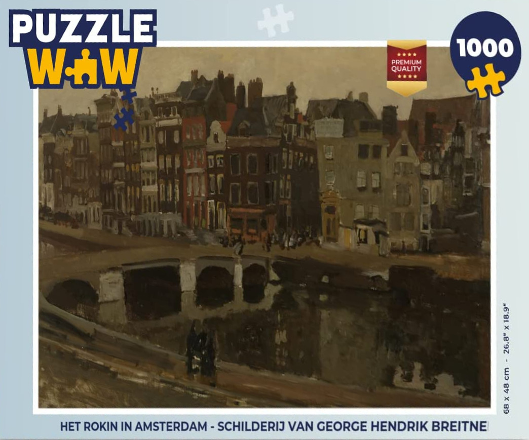 An impressionist oil painting of a canal and city street scene in Amsterdam with brown, grey, and ochre tones.