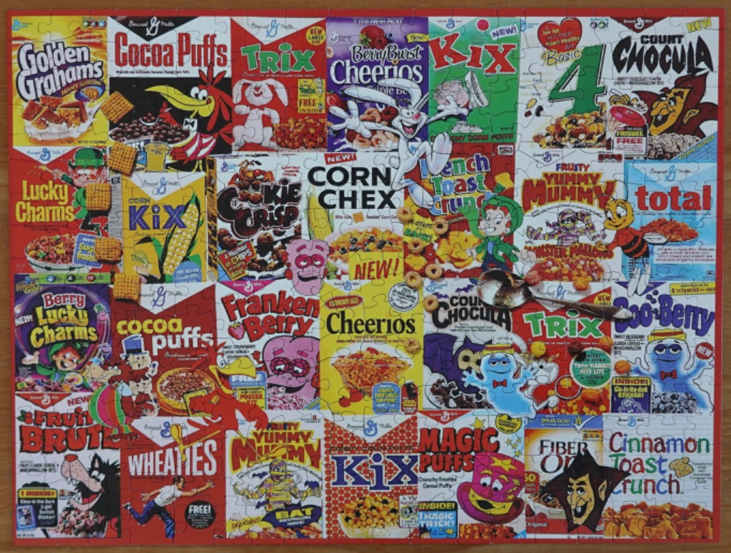 A collage of various classic breakfast cereal boxes featuring cartoon mascots and bright typography.