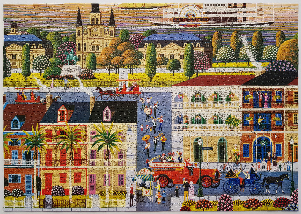 A whimsical illustration of a lively New Orleans street scene with architecture, a marching band, and a steamboat.