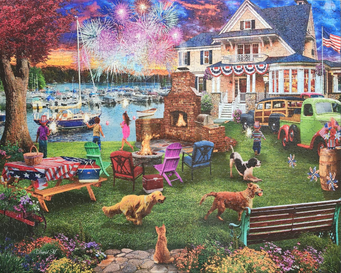 A summer evening backyard scene with a house, fireworks, and family pets.