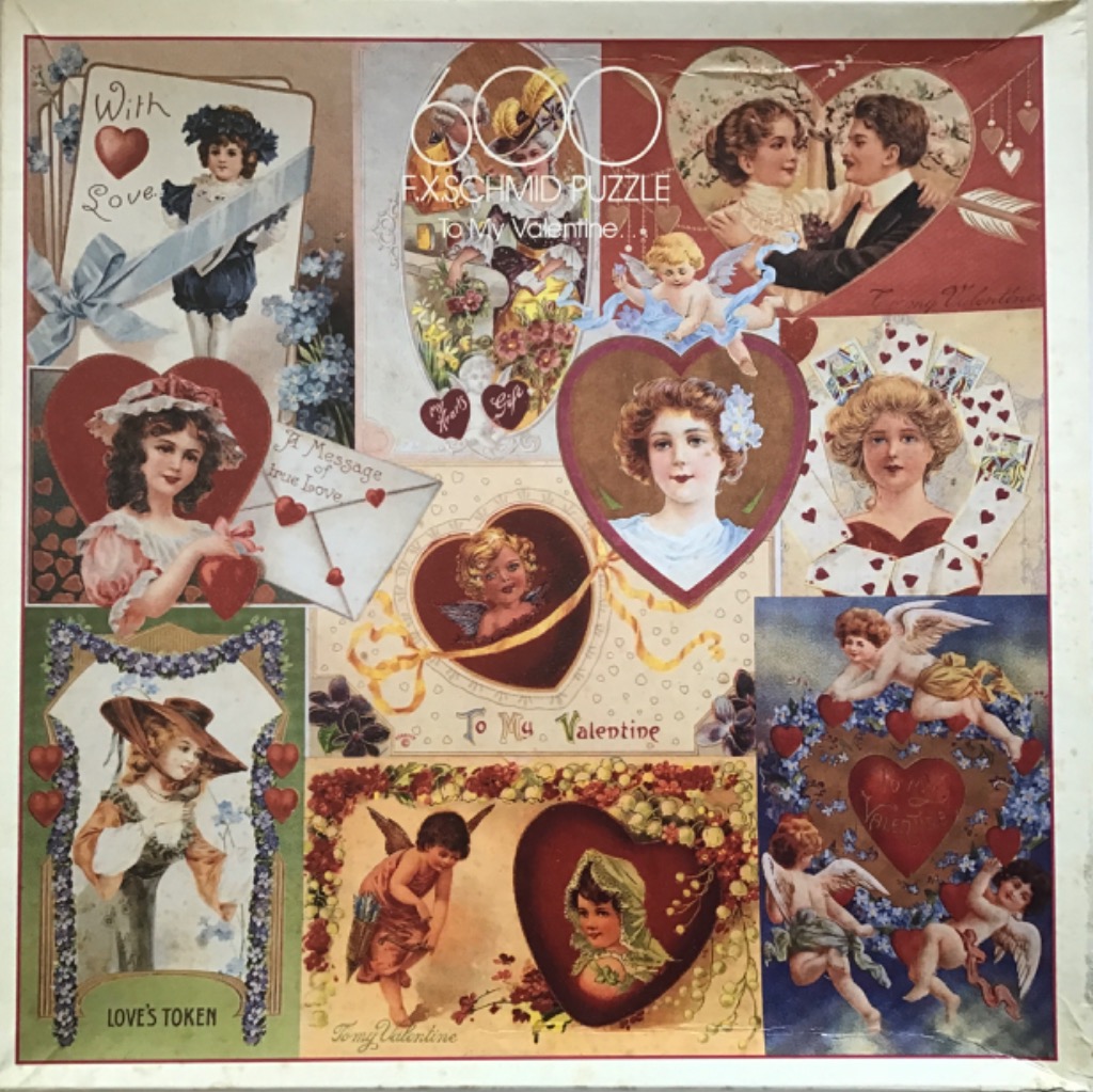 A collage of vintage Victorian-style Valentine's Day cards featuring women, cherubs, and heart motifs.