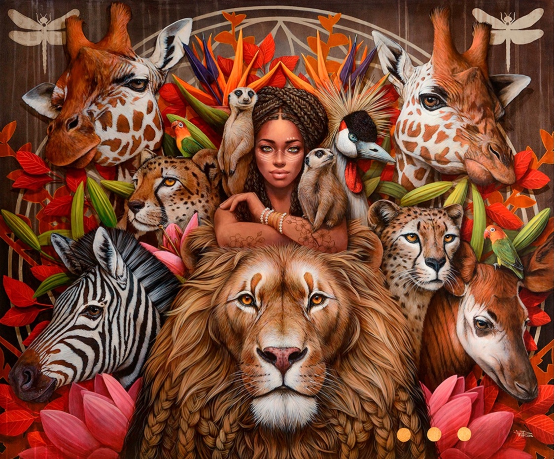 A woman with braided hair surrounded by a lion, giraffes, cheetahs, a zebra, and other wildlife amidst lush foliage.