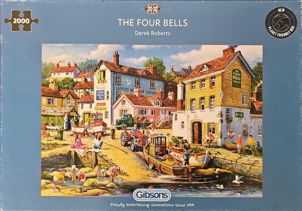 Painting of a bustling English harbor side town with boats, a tavern, and people enjoying a sunny day.