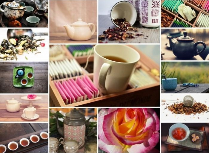 A collage of tea-related imagery including teapots, cups, loose tea leaves, and floral elements.