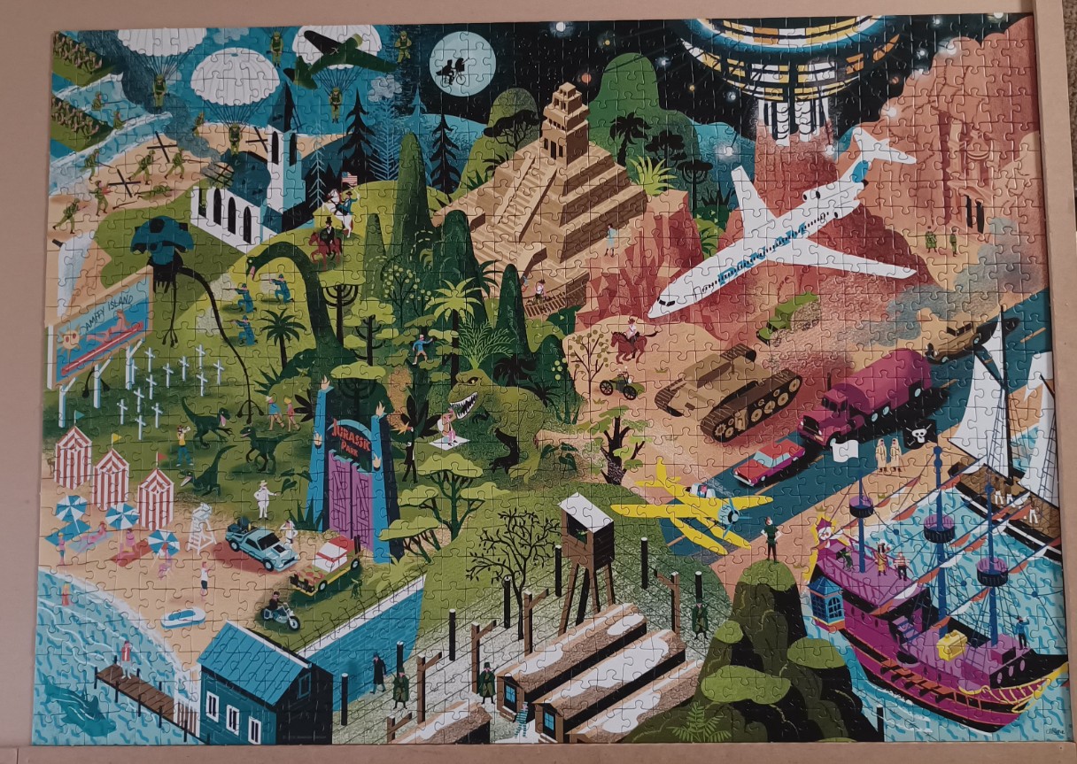 A busy collage illustration depicting scenes from famous movies, including dinosaurs, war, ships, and sci-fi elements.