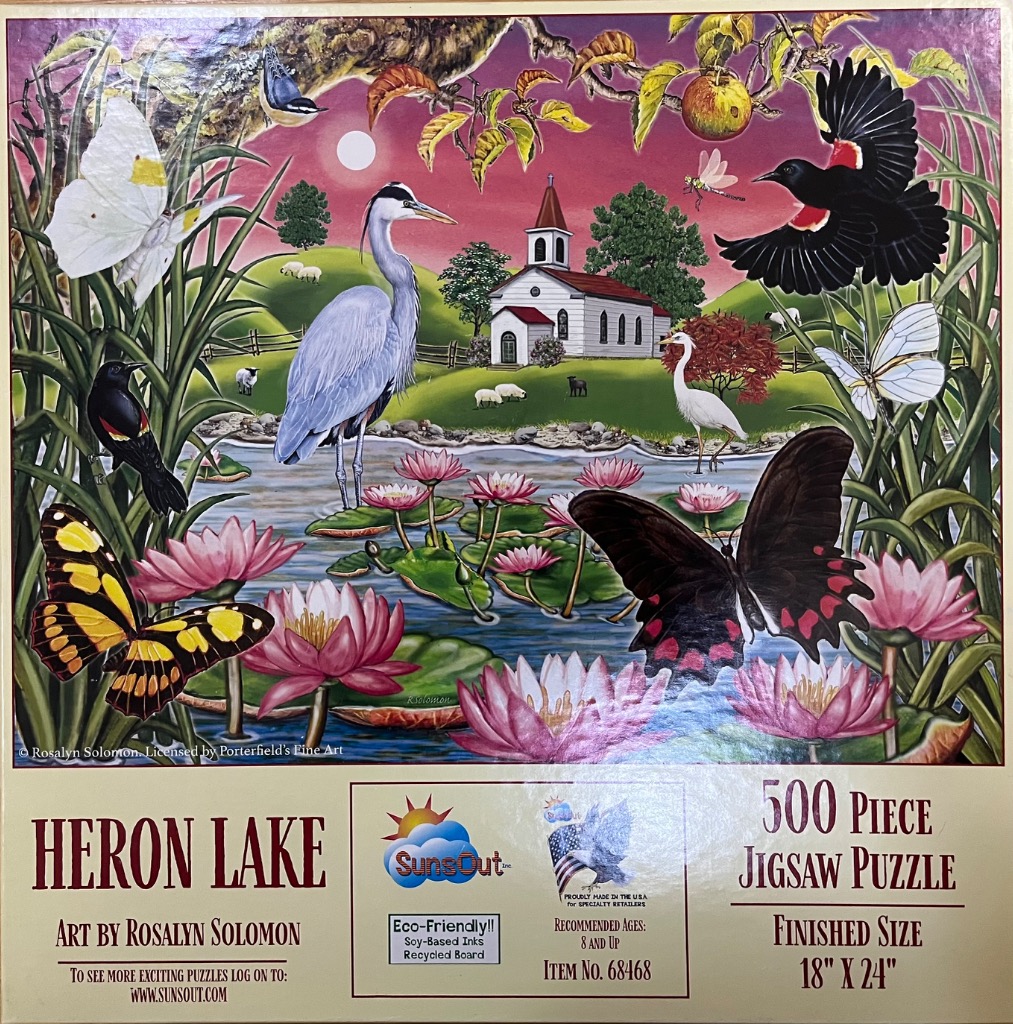 A peaceful lakeside scene featuring a blue heron, colorful butterflies, and a small white country church.
