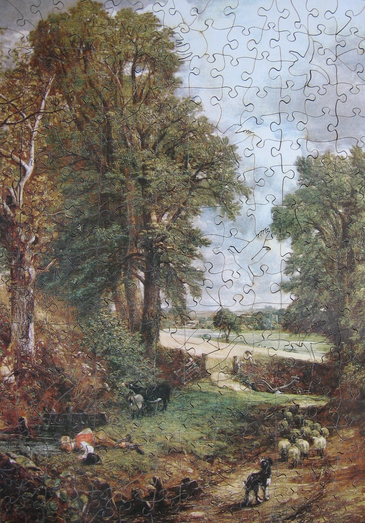 A rural landscape painting featuring a tall forest, a stream with a resting figure, and a flock of sheep.