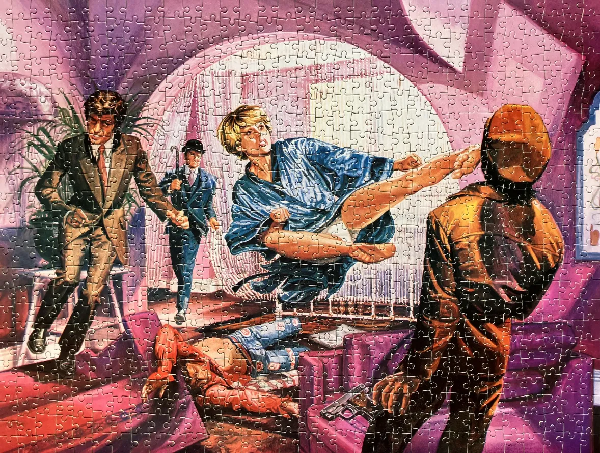 An illustration of an action scene featuring a woman in a blue robe performing a flying kick in a purple-toned room.