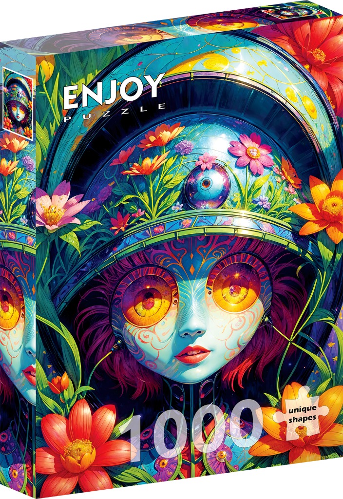 Surreal illustration of a stylized character with large glowing eyes surrounded by vibrant flowers.