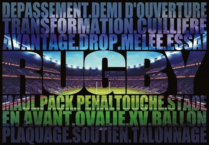 A photograph of a rugby stadium seen through the cutout of the word RUGBY with French rugby terminology overlaying it.