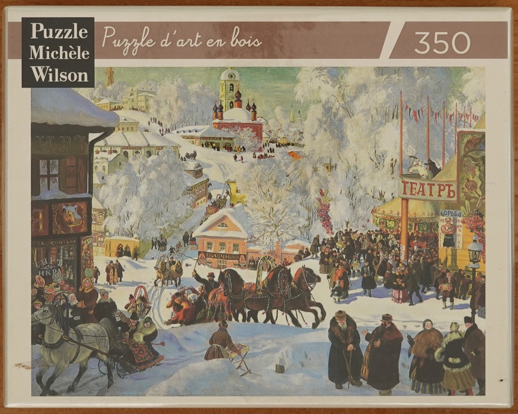 An oil painting of a busy Russian winter festival in a snowy town square with horse-drawn sleighs and crowds.
