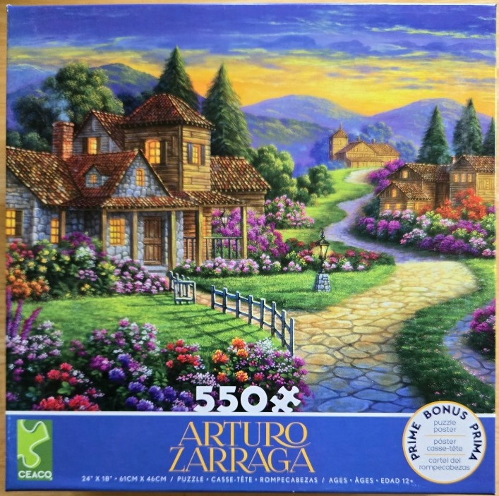 A peaceful landscape featuring a rustic stone house, a cobblestone path, and vibrant flowers at sunset.